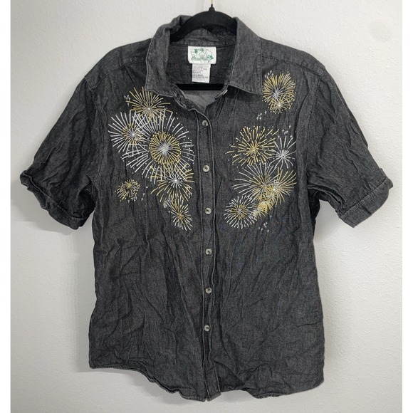 The Quacker Factory‎ Shirt Women's Large L Gray Button Down Firework Embroidered - Picture 3 of 7